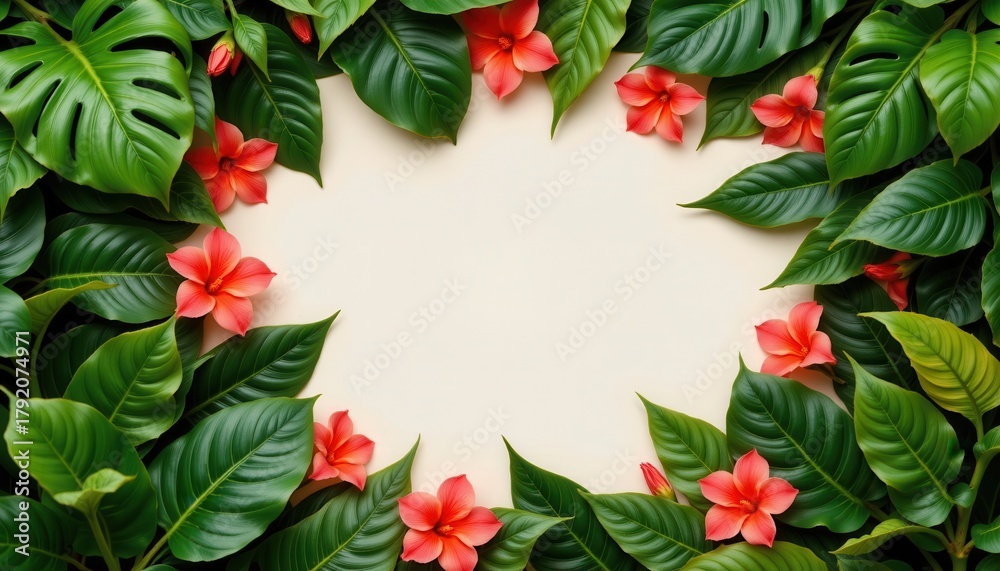 Fototapeta premium Vibrant Green Leaves and Pink Flowers Framing a Blank Space for Creative Design Opportunities