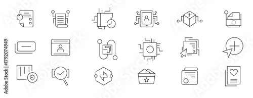 Digitalisation linear icon set. Digital technology, cloud computing, mobile payment, coding, chip, vr glasses, innovation, network, artificial intelligence