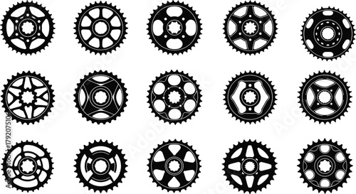 sprocket vector set with circular mechanical designs, black and beige illustration on white background for engineering, robotics, and design themes
