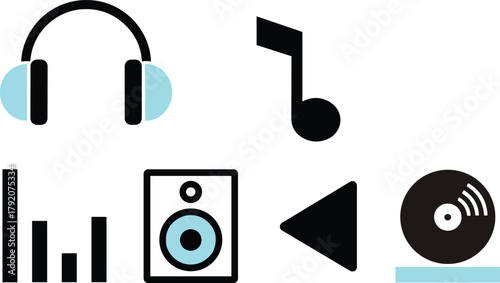 Music and audio icon set with headphones, speaker, vinyl, play button, equalizer, and musical note for entertainment, sound design, and media apps