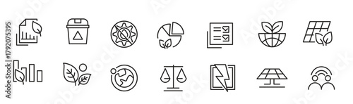ESG line icon set. Social governance, risk, ecology, concept, including, wind power, solar panels, recycling, green city, net zero, financial performance line icon set. UI thin line icon pack.