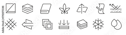 Febric Metarial line icon set. Fabric features, materials, fabric business, protection, breathable, lightweight, outline, leather, silk, synthetics, wool line icon set. 