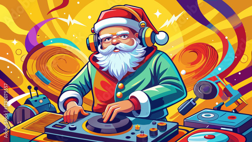 Very beautiful Santa Claus as a DJ wearing headphones and spinning vinyl records on a turntable against a yellow background, created in vibrant colorful pop art vector style, blending festive Christma