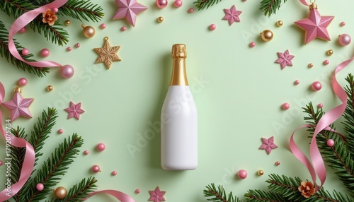 Festive Flat Lay with Champagne Bottle Surrounded by Holiday Decorations on a Soft Green Background