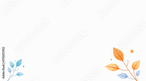 Minimalist botanical background featuring contrasting warm orange and cool blue watercolor leaves, symbolizing changing seasons with ample copy space