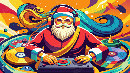 Very beautiful Santa Claus as a DJ wearing headphones and spinning vinyl records on a turntable against a yellow background, created in vibrant colorful pop art vector style, blending festive Christma