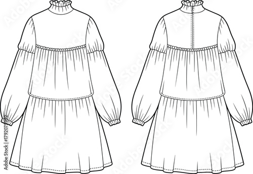 Vintage inspired dress sketch, romantic puff sleeve gown, ruffled neckline fashion illustration, gathered bodice silhouette, technical flat drawing, elegant zipper back design