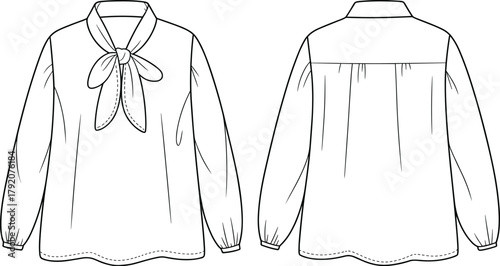 Women's blouse fashion illustration, technical sketch, scarf tie neckline, puff sleeve design, gathered yoke detail, curved hem, sewing pattern, garment template, apparel mockup