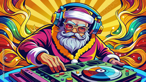 Very beautiful Santa Claus as a DJ wearing headphones and spinning vinyl records on a turntable against a yellow background, created in vibrant colorful pop art vector style, blending festive Christma