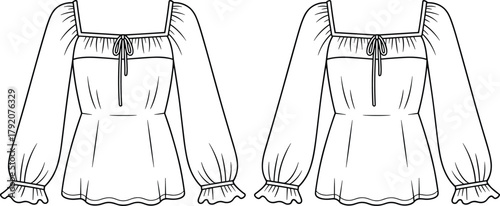 Women's blouse fashion illustration, technical sketch, square neckline design, puff sleeve style, keyhole tie detail, ruffled cuff finish, sewing pattern, garment template, apparel mockup