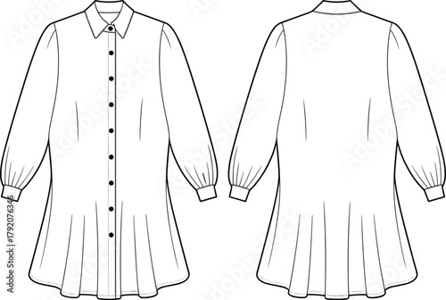 Women's blouse fashion illustration, technical sketch, scarf tie neckline, puff sleeve design, gathered yoke detail, curved hemline, sewing pattern, garment template, apparel mockup