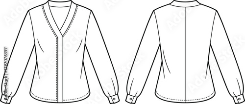 Women's blouse fashion illustration, technical sketch, V-neckline front, button cuff sleeve, curved hemline, gathered back yoke, sewing pattern, garment template, apparel mockup