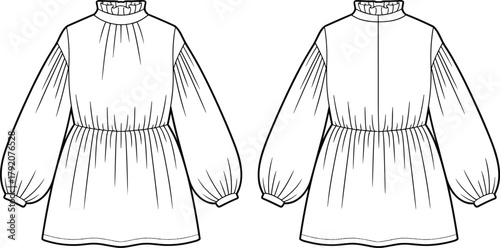 Women's dress fashion illustration, technical sketch, high ruffled neckline, puff sleeve design, gathered waist detail, flared skirt silhouette, sewing pattern, garment template, apparel mockup