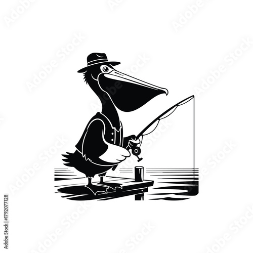 Pelican Silhouette Fishing with Fishing Rod on Pier on White Background Cartoon Character Vector