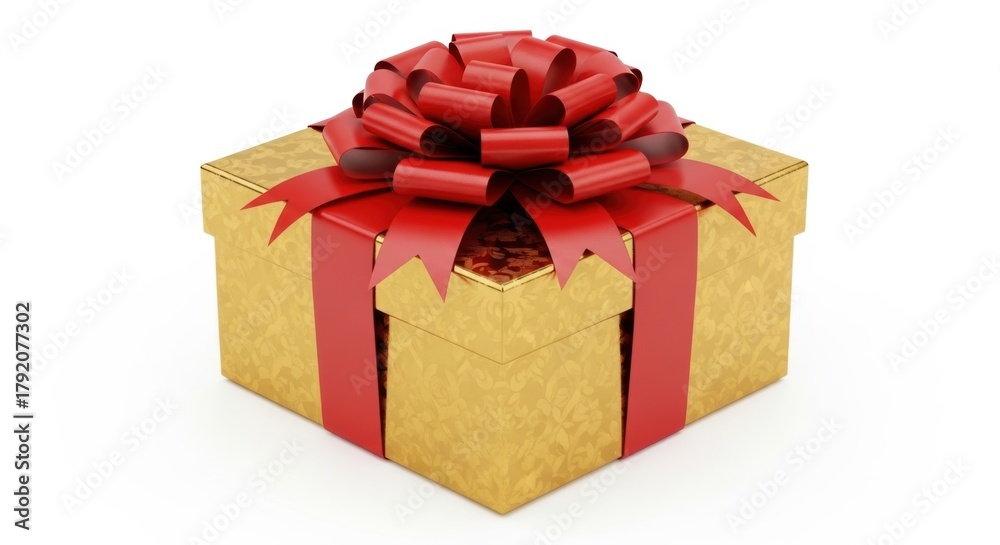 Obraz premium Golden Gift Box with Red Ribbon, Present, Bow, Celebration