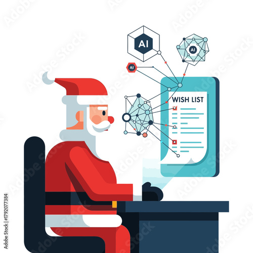Santa Claus using artificial intelligence technology at a computer to review a digital wish list