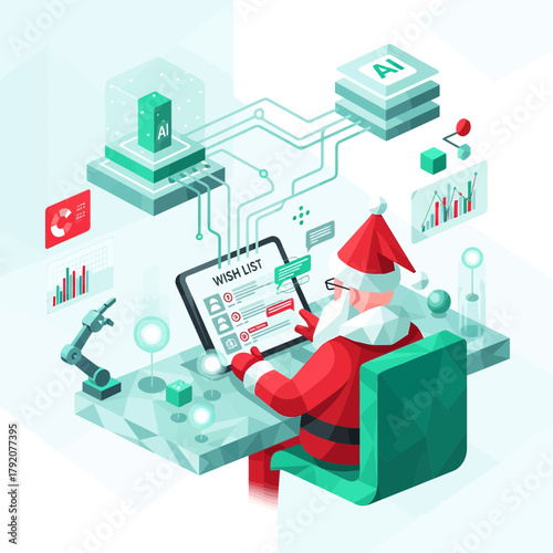 Santa Claus uses advanced AI technology at a futuristic workstation to review a digital wishlist in a modern high-tech lab setting