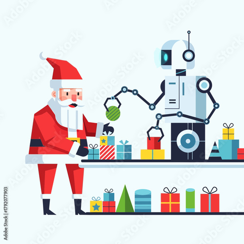 Santa Claus and a robot working together on a conveyor belt to wrap and prepare colorful Christmas gifts