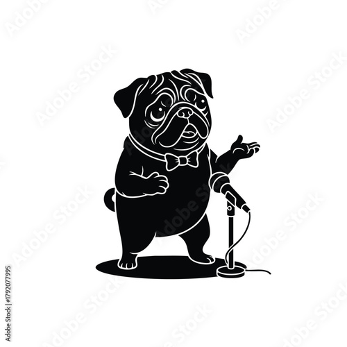 Pug Standup Comedian Silhouette on White Background Performing Show with Microphone Wearing Bowtie and Telling Jokes