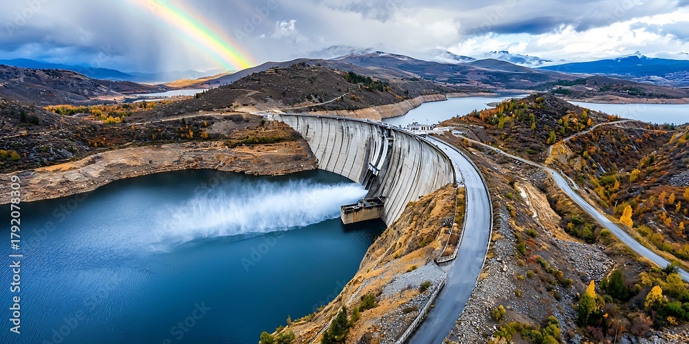 Naklejka premium Water release action at scenic dam mountains and rainbow aerial view nature's beauty