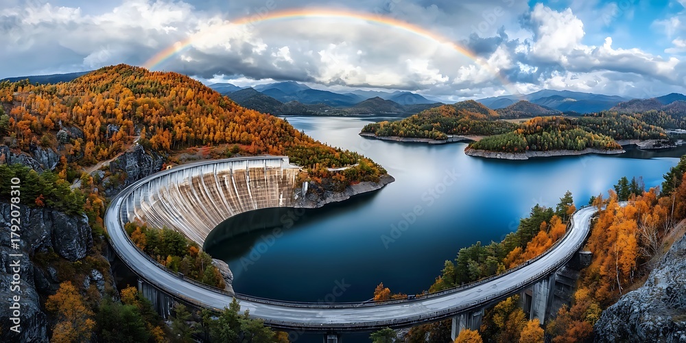 Obraz premium Stunning autumn view of rainbow over dam and lake mountain landscape panoramic photography nature scenic beauty