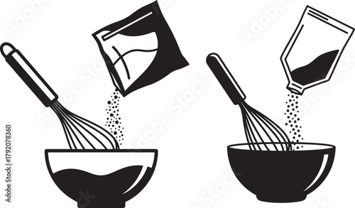 Two illustrative silhouettes of ingredients being poured into bowls with whisks