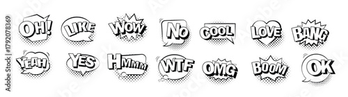 Comic bubble speech with halftone shadow and text. Comic sound effect collection set.