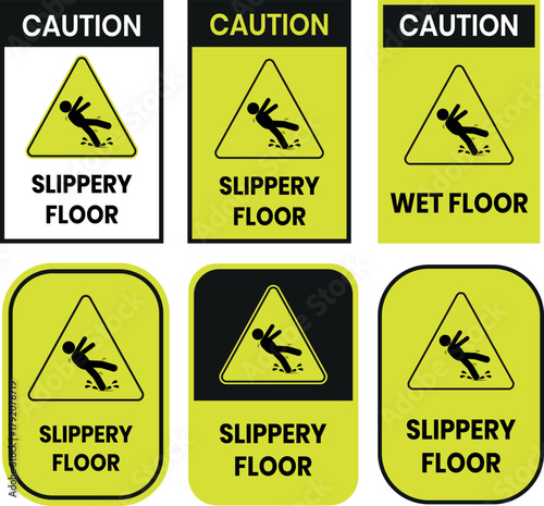 Hazard slippery surface wet floor sign, vector illustration isolated on white background. Hazard slippery surface wet floor  label, sign, badge, symbol, banner, Flat vector, isolated illustration.