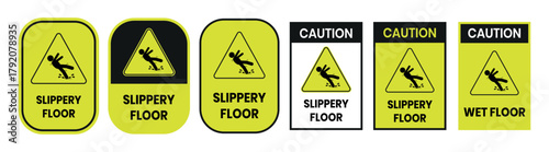 Hazard slippery surface wet floor sign, vector illustration isolated on white background. Hazard slippery surface wet floor  label, sign, badge, symbol, banner, Flat vector, isolated illustration.