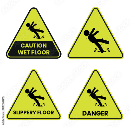Hazard slippery surface wet floor sign, vector illustration isolated on white background. Hazard slippery surface wet floor  label, sign, badge, symbol, banner, Flat vector, isolated illustration.