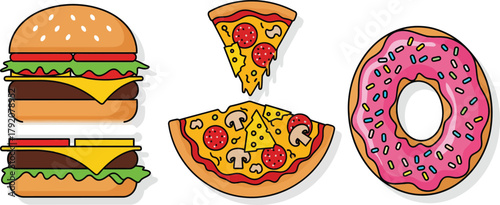 A collection of popular fast food items including a double cheeseburger, a slice of pepperoni and mushroom pizza, and a pink frosted donut with sprinkles.