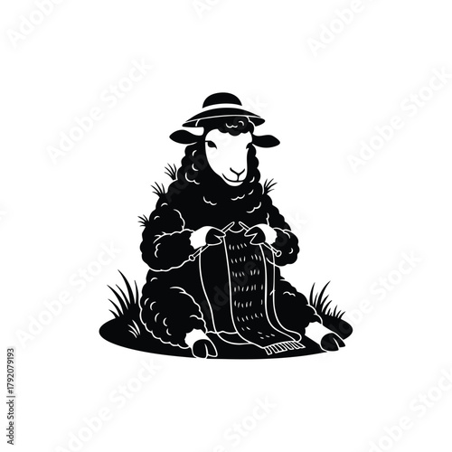 Sheep in Hat Knitting Silhouette With White Background Farm Animals Design