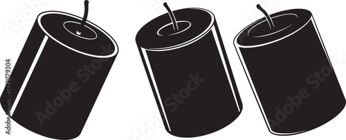 Three black cylindrical candles in silhouette against a white background