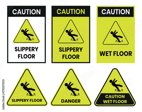 Hazard slippery surface wet floor sign, vector illustration isolated on white background. Hazard slippery surface wet floor  label, sign, badge, symbol, banner, Flat vector, isolated illustration.