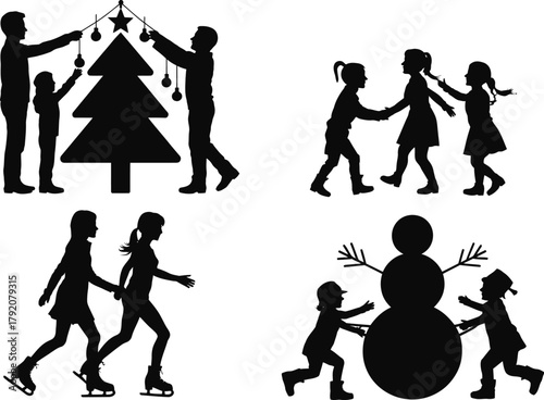 Family christmas activity silhouette icons set. decorating tree, ice skating, children playing winter illustration