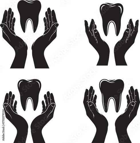 Four black hand silhouettes caring for teeth silhouette
