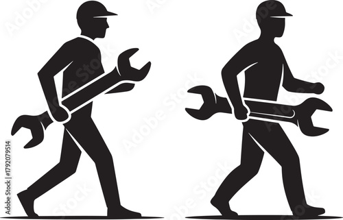 Two silhouettes of mechanics carrying large wrenches silhouette