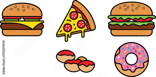A collection of cartoon fast food items including hamburgers, a pizza slice, small pastries, and a pink donut with sprinkles on a white background.