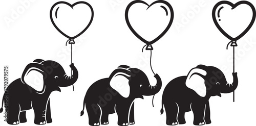 Three cute elephant silhouettes holding heart balloons