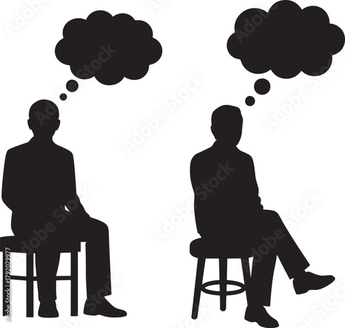 Two men sitting on chairs with thought bubbles silhouette