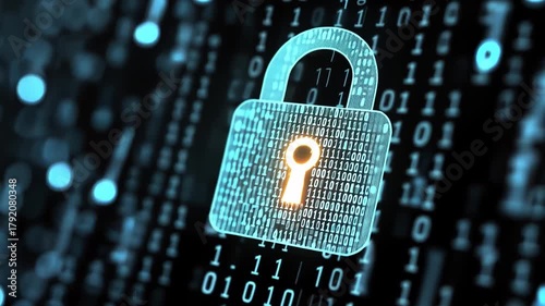 Digital Security Lock: A glowing digital lock represents the intricate web of digital security, safeguarding sensitive information with encrypted data streams.