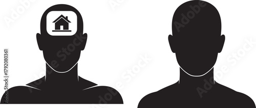 Two human head silhouettes with one showing a house icon inside the mind silhouette