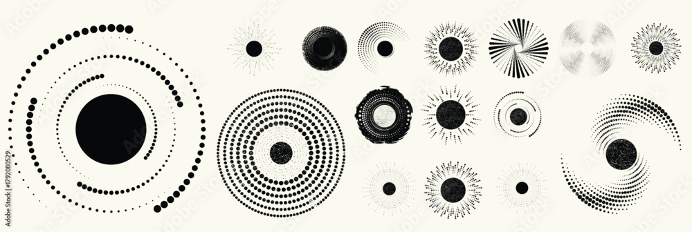 Obraz premium Abstract circular halftones element set, geometric dotted ring and spiral circle shapes for modern design, technology, or motion graphic backgrounds. Dotted round elements, radial spirals, and vortex.
