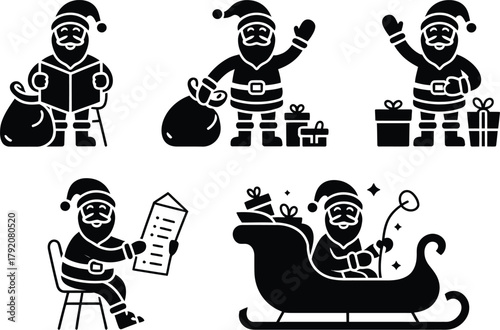 Cute santa claus vector icons set. santa reading list, holding gifts, waving, sleigh ride illustration