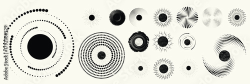 Abstract circular halftones element set, geometric dotted ring and spiral circle shapes for modern design, technology, or motion graphic backgrounds. Dotted round elements, radial spirals, and vortex.