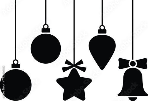 Christmas hanging decoration silhouette icons set. baubles, stars, bells, teardrop ornaments vector illustration