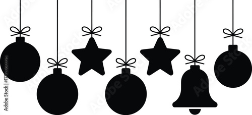 Christmas ornament silhouette icons set. hanging baubles, stars, bells festive decoration vector illustration