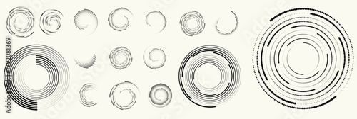 Abstract circular halftones element set, geometric dotted ring and spiral circle shapes for modern design, technology, or motion graphic backgrounds. Dotted round elements, radial spirals, and vortex.