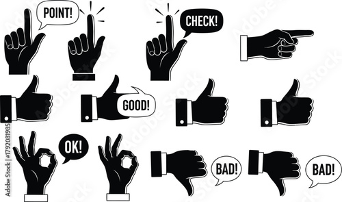 Set of hand gestures with speech bubbles for positive and negative feedback