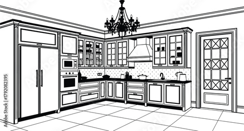 Elegant kitchen design with black and white tones creating a modern space